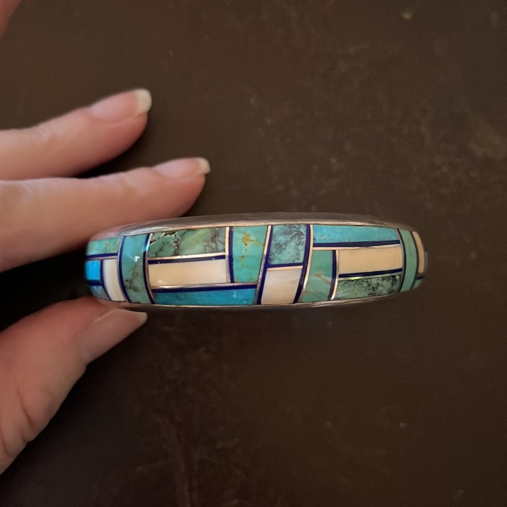 Vintage Native American Navajo Aaron Toadlena Turquoise Silver Inlay Bracelet - Picture 5 of 17